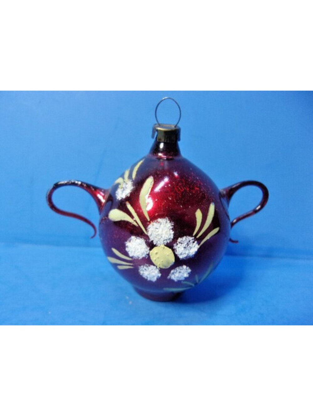 Vintage Blown Glass Handled Sugar Bowl Ornament Red Floral German Antique Xmas